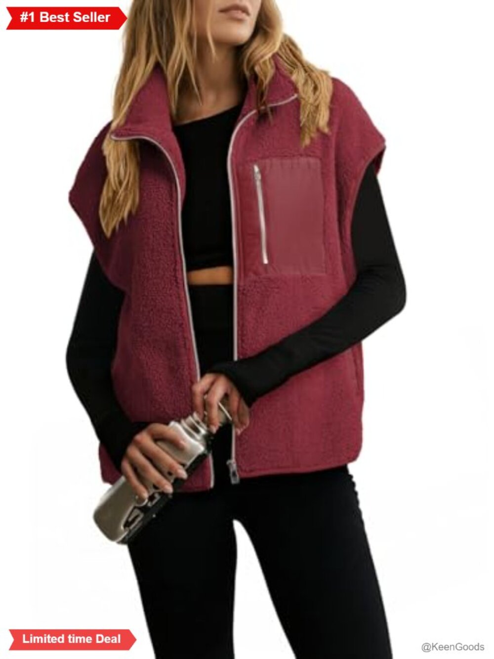 Sherpa Fleece Zip Up Vest Oversized Casual Layering Winter Outerwear